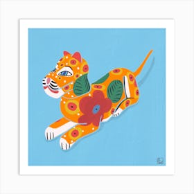 Tiger With Flowers On Blue Background Square Art Print