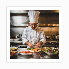 A captivating image of a chef in a busy restaurant kitchen, skillfully preparing a dish with fresh, colorful ingredients. This image communicates culinary expertise and the vibrant atmosphere of a restaurant, suitable for use in the food and hospitality industry. Art Print