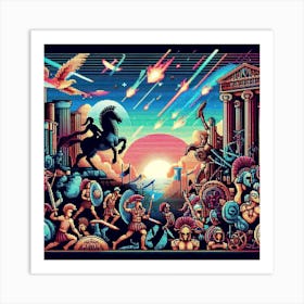 Greek Mythology Meets Pixel Art: A Collection of Digital Mosaics of Ancient Stories with Neon Colors Art Print
