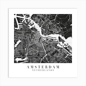 Amsterdam Netherlands Minimal Black Mono Street Map  Square Art Print