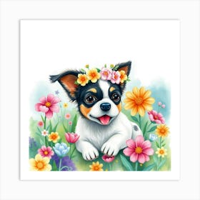 A Whimsical Dog With A Floral Crown, Playing In A Watercolor Garden Of Vibrant Blooms Art Print