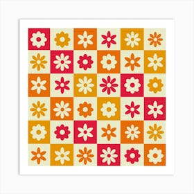 Checkered Retro Hippie Colorful Flowers Art Print