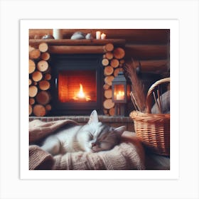 Cat Sleeping In Front Of Fireplace 2 Art Print