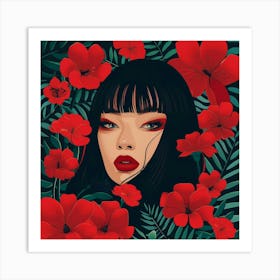 Asian Girl With Red Flowers 1 Art Print