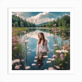 Beautiful Girl In A Clear Lake Among Flowers Art Print