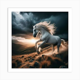 White Horse Running In The Mountains Art Print