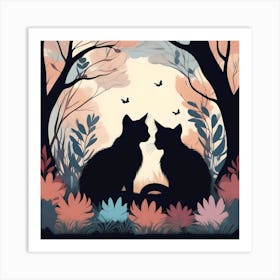 Silhouettes Of Cats In The Forest In The Day, Black, Coral And Light Beige Art Print