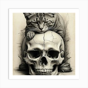 Skull with a black cat on top of the forehead sleeping Art Print