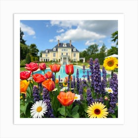 Tulips In Front Of A House Affiche