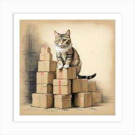 Cat On Boxes 1 Art Print