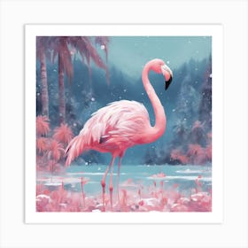 Digital Oil, Flamingo Wearing A Winter Coat, Whimsical And Imaginative, Soft Snowfall, Pastel Pinks, (2) Art Print
