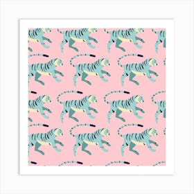 Blue Tiger Pattern On Pink Square Art Print