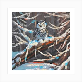 Owl in a winter pine forest Art Print