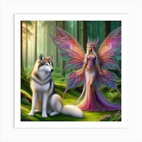 Lady fairy with a wolf  Art Print