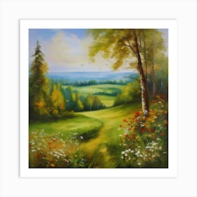 Landscape With Trees And Flowers.Canada's forests. Dirt path. Spring flowers. Forest trees. Artwork. Oil on canvas. Art Print