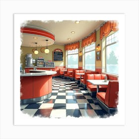 Retro Diner In Watercolor, With Checkered Floors And Classic Decor Art Print