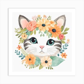 Floral Baby Cat Nursery Illustration (29) Art Print