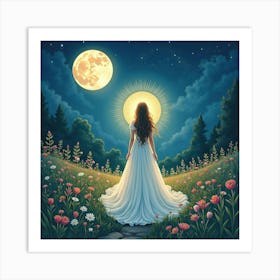 Radiant Goddess In A Moonlit Garden, Watercolor 1 Art Print