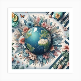 Earth Globe With Flowers Art Print