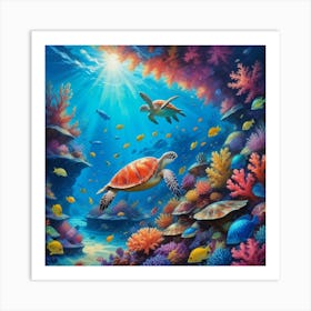 Turtles Under The Sea Paintings Art Print Art Print