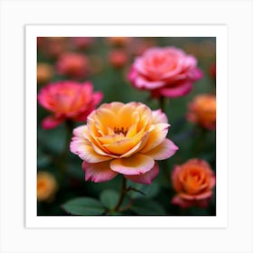 A Vibrant Rose Garden In Full Bloom, Showcasing Various Colors Of Roses 1 Art Print