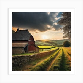 Sunset Over A Farm Art Print