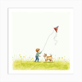 Watercolor Shetland Sheepdog And A Boy Flying A Kite In The Field Art Print