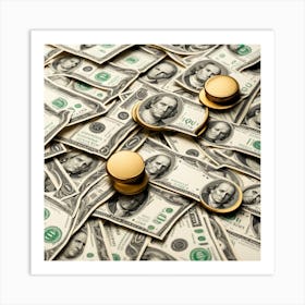Gold Coins On Dollar Bills Art Print