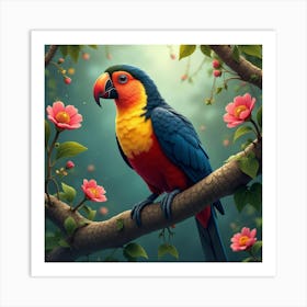 A Colorful Toucan Perched On A Branch, Surrounded By Surreal Floating Flowers And Vines Art Print