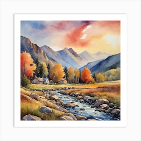 Watercolour Of A Mountain Stream Art Print