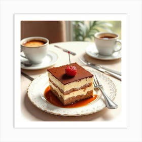 Watercolor Portrayal Of A Decadent And Creamy Tiramisu On A Cozy Dining Table Art Print