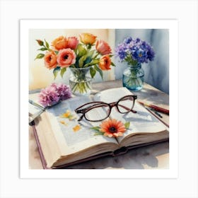 Book And Flowers Art Print