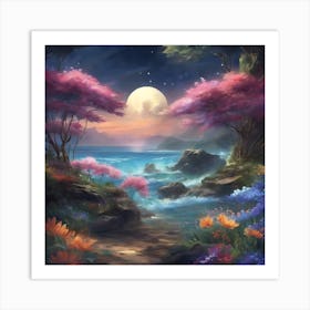 Moonlight Over The Ocean Art Print