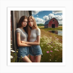 Two Girls In Front Of A Barn Art Print