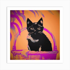 Cat Sat In A Basket Orange 1 Art Print