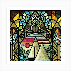 Image of medieval stained glass windows of a sunset at sea 2 Art Print