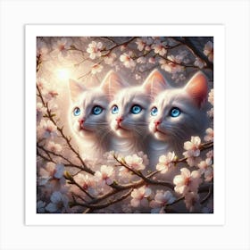 Three Cats In Cherry Blossoms Art Print