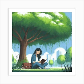 Girl Reading A Book Under A Tree Art Print