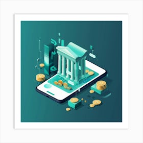 Isometric Illustration Of A Building And Coins Art Print