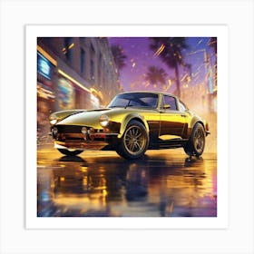 Golden Car In The Rain Art Print