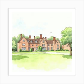 Watercolor Illustration Of The Harvington Hall In Worcestershire, Featuring Its Historic Architecture And Scenic Surroundings Art Print