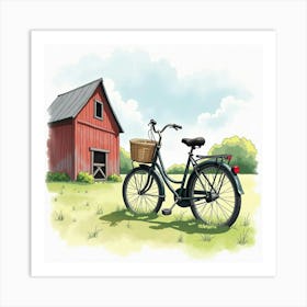 Classic Bicycle Near An Old Barn In Watercolor Style 1 Art Print