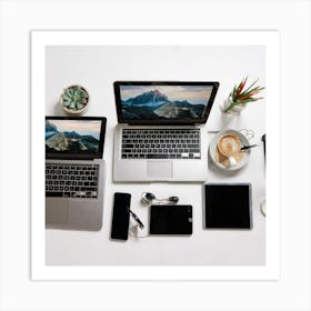 A collection of modern and stylish technology devices, such as laptops, smartphones, and tablets, arranged in a sleek and organized workspace. These images are commonly used in marketing, technology, and business-related projects to convey innovation and professionalism Art Print