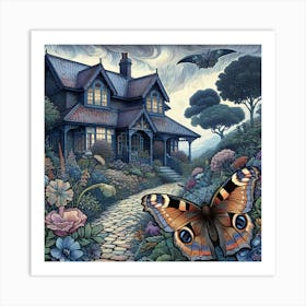 Woodcut Butterfly in Cottage Garden I Art Print