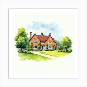 Watercolor Painting Of The Coton Manor In Northamptonshire, Highlighting Its Charming Design And Beautiful Grounds Art Print