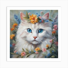 White Cat With Flowers Art Print