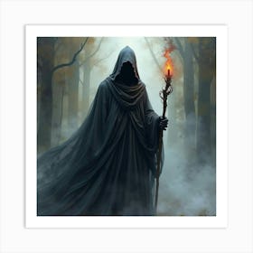 Black Magic Sorcerer In A Watercolor Realm Of Shadowy Hues 1 Art Print