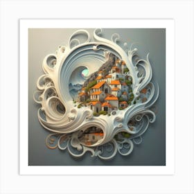 Mountain village sea waves tsunami 3 Art Print