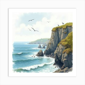 A Serene English Coastal Cliff With Crashing Waves And Seagulls, Watercolor Style 1 Art Print