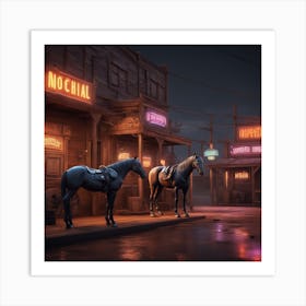 Two Horses In Front Of A Neon Sign Art Print